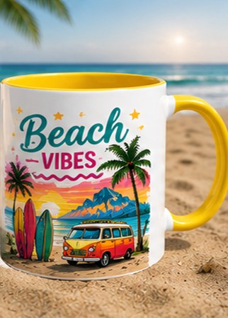 Beach Vibes custom colourful graphic mug — yellow